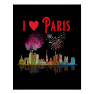 Póster Eu amo Paris na noite Skyline Fireworks Poster