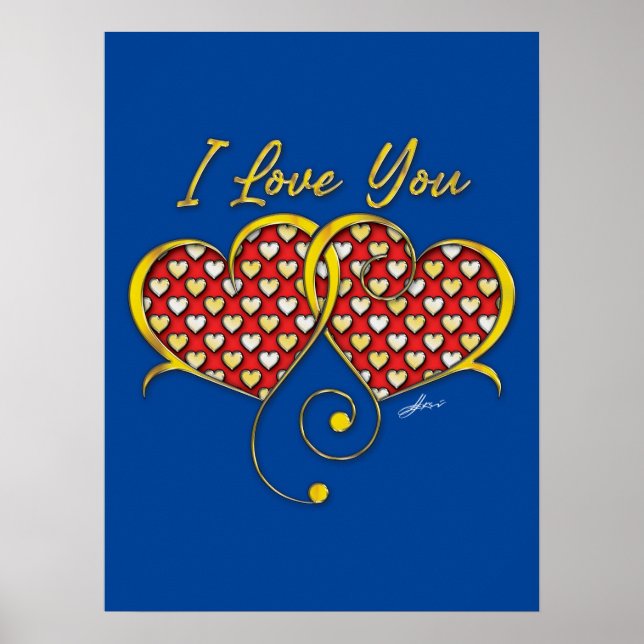 Poster Eu Amo Você Design Cartaz Corações Dourados (Frente)