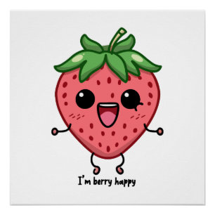 Póster Eu sou Berry Happy, fofinha, saltando morango kawa