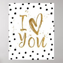 Póster "Eu Te Amo" Faux Dourado Dot Decorative Heart Post
