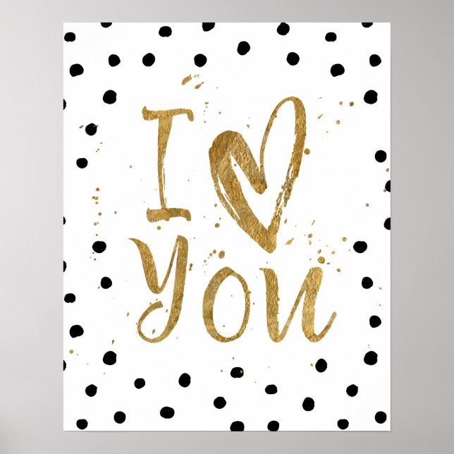 Póster "Eu Te Amo" Faux Dourado Dot Decorative Heart Post (Frente)