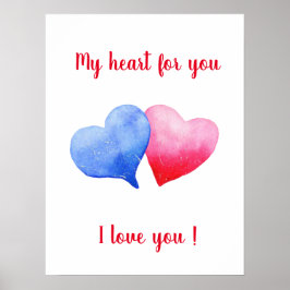 Poster Eu te amo vermelho-d-água e coração azul