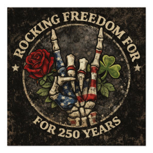 Póster EUA 250 Anos Rocking Liberdade Esqueleto Patriótic