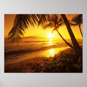 Póster EUA, Havaí, Maui, Pôr do sol colorido em um 2