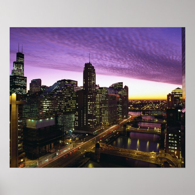 Poster EUA, IL, Chicago. Linha do horizonte e rio de Chic (Frente)