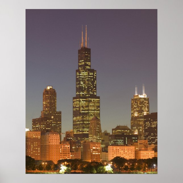 Póster EUA, Illinois, Chicago: Skyline da Cidade / Noite (Frente)