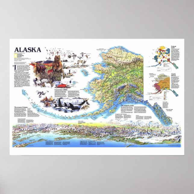 Poster "EUA: mapa ALASKA de 1994 com animais... (Frente)