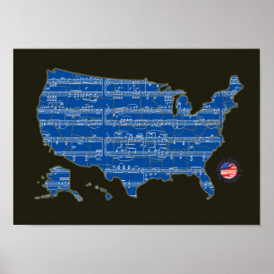 Póster EUA mapa de notas de música azul