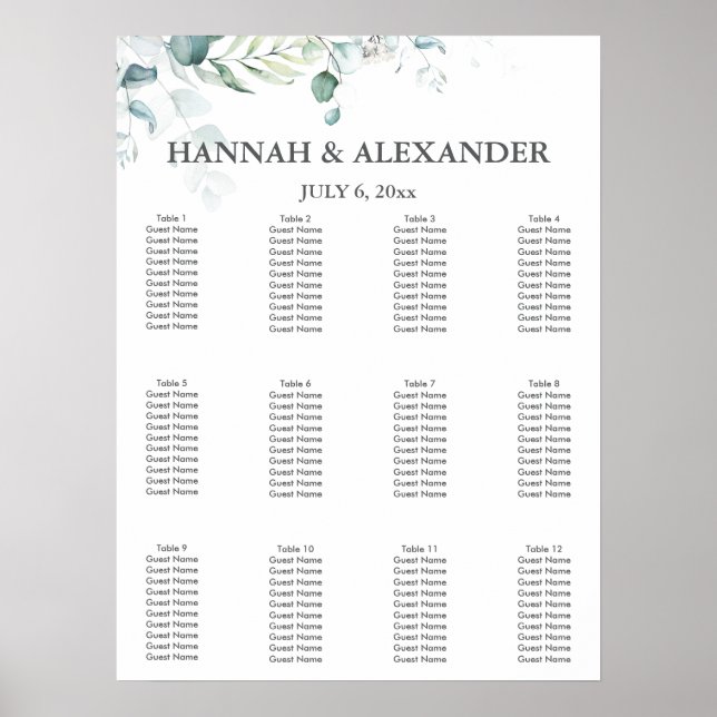 Poster Eucalyptus Greenery Wedding Seating Chart (Frente)
