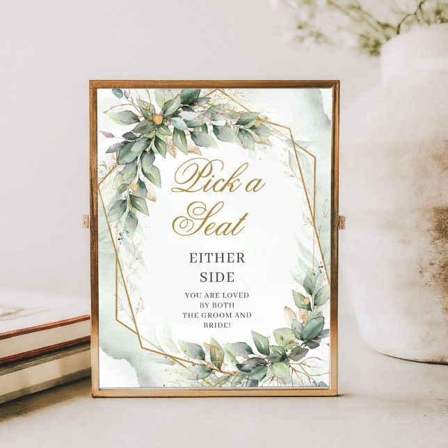 Poster Eucalyptus verde e dourado Escolha um assento de c (Bohemian green eucalyptus and gold wedding tabletop sign)