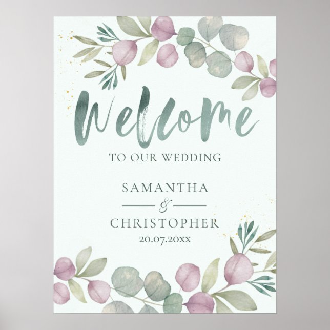 Poster Eucalyptus Watercolor Bem-vindo ao nosso Casamento (Frente)
