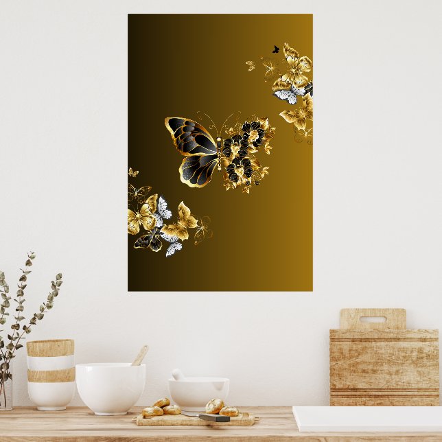Poster Eufonia ouro - Arte de Borboleta Preta e Dourada (Cozinha)