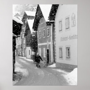 Póster Europa, Áustria, Hallstat. Rua nevada