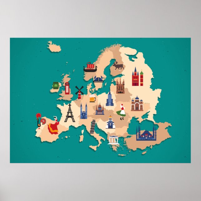 POSTER EUROPA MAPA ELEMENTOS DE ILUSTRAÇÃO DESIGN (Frente)
