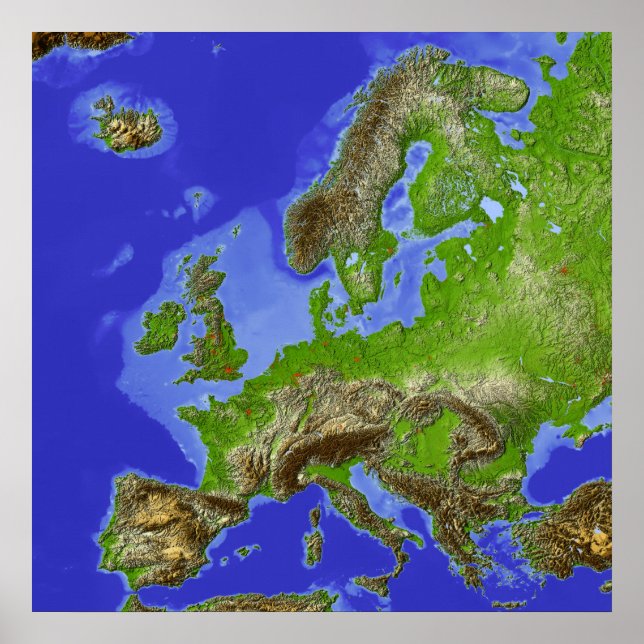 Póster Europa, mapa sombreado de alivios (Frente)