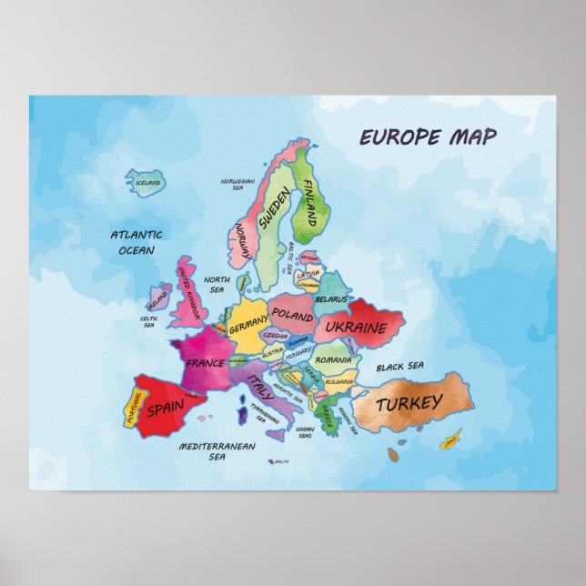 Poster Europe Map trabalho de arte de cor de água (Frente)