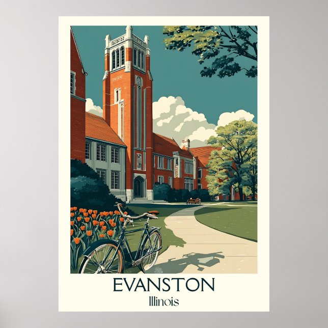 Poster Evanston Illinois Vintage University Campus Art (Frente)