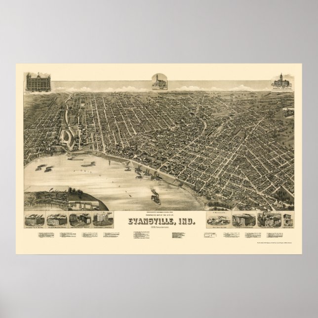 Póster Evansville, NO Mapa Panorâmico - 1888 (Frente)