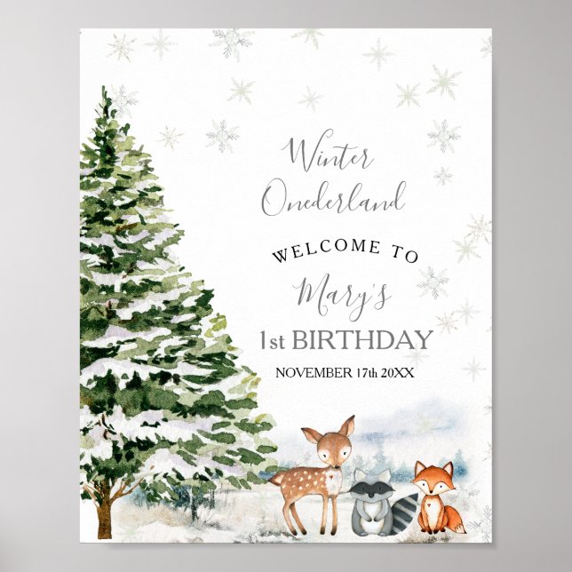 Poster Evergreen Animal Winter Onederland Party Bem-vindo (Frente)