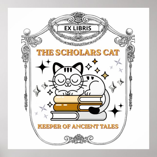 Poster Ex Libris Gato Acadêmico Dark Academia (Frente)