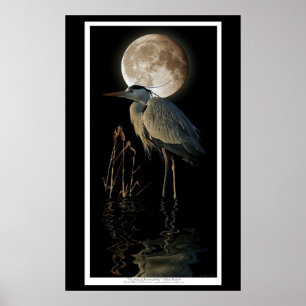Póster Excelente Blue Heron, Leeds & Moon Nature Art Impr