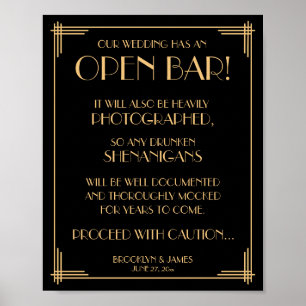 Poster Excelente de arte preta Gatsby Bar aberto Sinal 8x