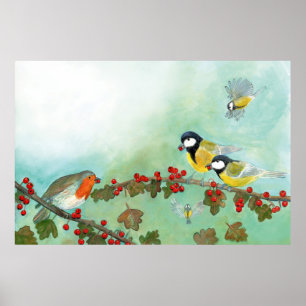 Poster Excelente Tit Birds, Red Robin e Hawthorn Berries
