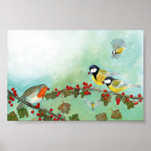 Poster Excelente Tit Birds, Red Robin e Hawthorn Berries