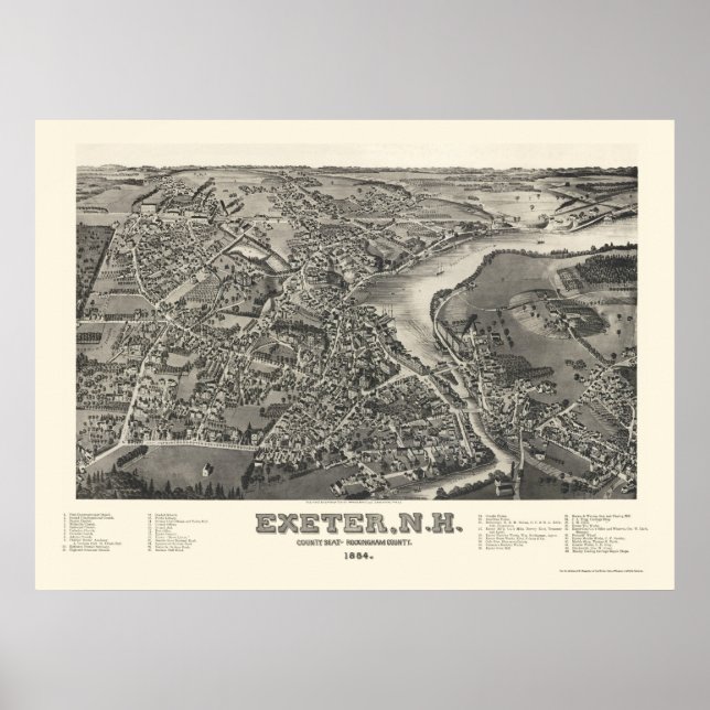 Póster Exeter, Mapa Panorâmico NH - 1884 (Frente)
