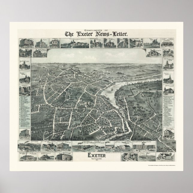 Póster Exeter, Mapa Panorâmico NH - 1896 (Frente)