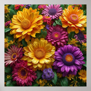 Poster Exibição Vibrante de Flores Amarelas e Roxas