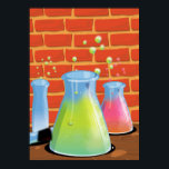 Poster Experiências de Cartoon Science<br><div class="desc">Experiências de Cartoon Science. Tubos de ensaio e frascos de vidro à frente de uma parede de tijolos sentada num banco de madeira.</div>