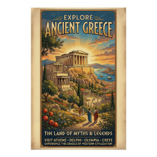 Póster Explorar Cartaz de Viagem Vintage Grécia Antiga