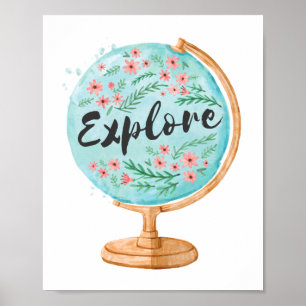 Poster EXPLORE a arte floral do viagem da aguarela do