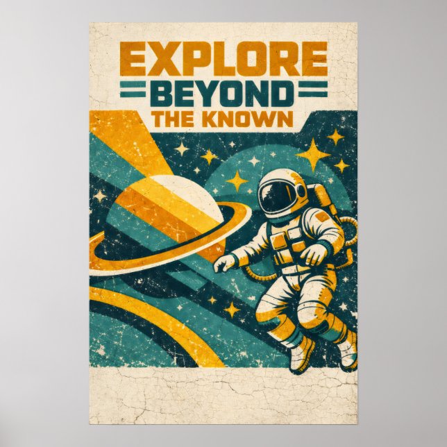 Poster Explore Além do Conhecido — Viagem Espacial Retro (Frente)