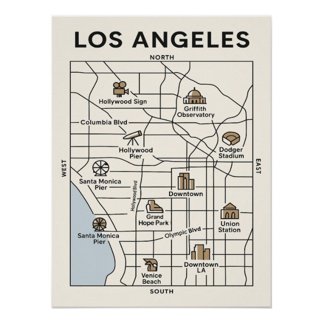 Póster Explore Los Angeles - Poster de Mapa Icônico Minim (Frente)