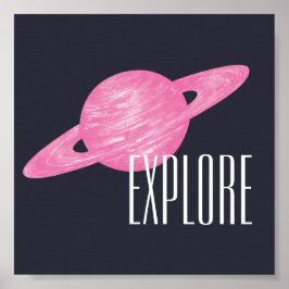 Poster Explore o espaço Saturno Ilustração cor-de-rosa Ma