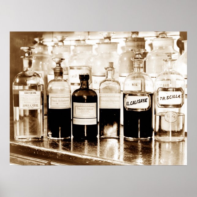 Póster Exposição de garrafas apotecárias contendo medicam (Frente)