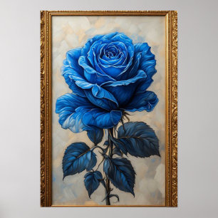 Poster Exposição de Rosa Azul Elegante em Moldura Dourada
