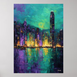 Poster Expressionist Hong Kong Skyline Neon Harbor City