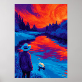 Poster Expressionist River Sunset Contemplation Art