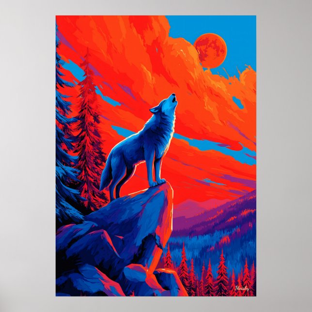 Poster Expressionist Wolf Under Crimson Moon Wall Art (Frente)
