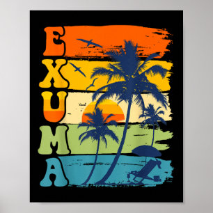 Poster Exuma Bahamas Retro Palm Tree Beach Vacatio Summer