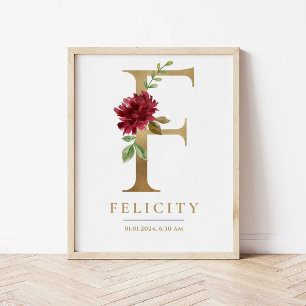 Poster F - Letra Monograma Nome Marsala Floral Nursery