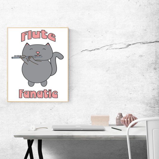 Poster Fã da Flauta Rosa Gato Cinza Engraçado (A poster featuring a gray cat playing the flute and the words Flute Fanatic in pink)