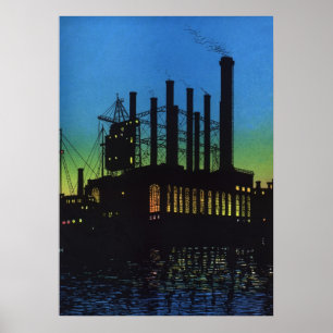 Poster Fábrica da fabricação no por do sol, negócio d