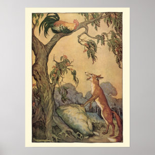 Poster Fábulas de Esopo Vintage, Raposa, Galo e o Cão