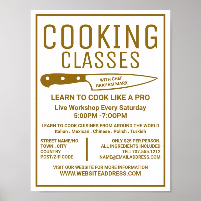 Poster Faca Dourada, Gourmet, Anúncios de classes de Cozi (Frente)