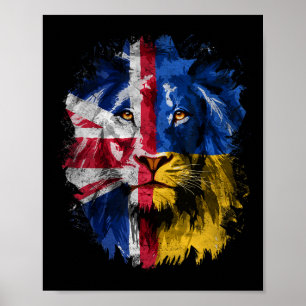Poster Face de Leão Vintage Uk e Bandeira da Ucrânia Raíz