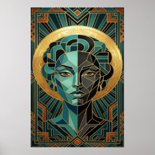 Poster Face de Mulher Cubista Art Déco Dourado e A